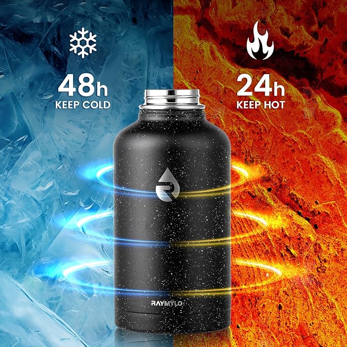 RAYMYLO Insulated Water Bottle 64 oz, Triple Wall Vacuum Stainless Steel (Cold for 48 Hrs), Leak Proof & Non-BPA, Half Gallon Water Flask Jug with Paracord Handle & Straw Spout Lids