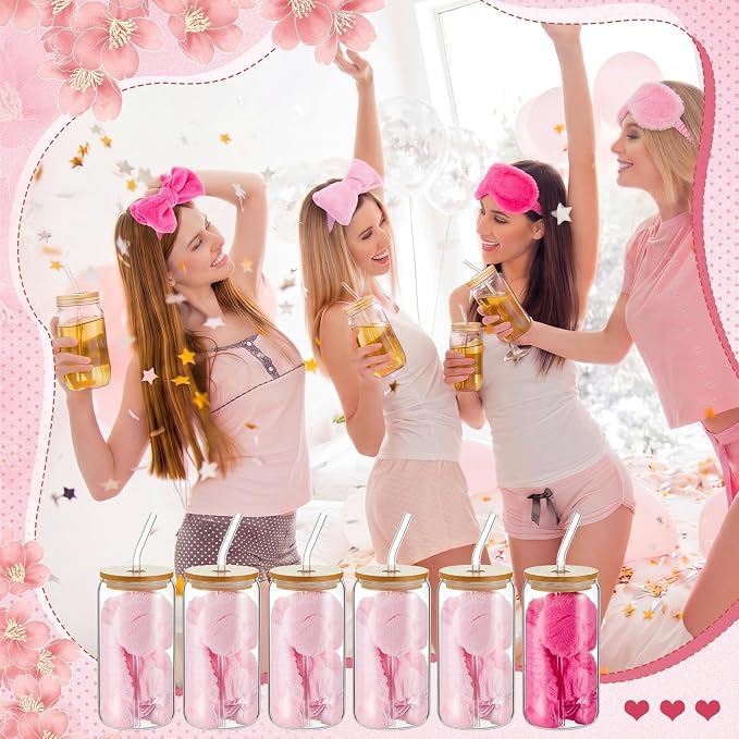 37 Pcs Party Supplies for Girls, 6 Kit Girls Birthday Gifts Including Glass Cups, Hairbands, Sleep Eye Mask, Headband, Brush, Tote Bags with Ribbon for Women Pink Spa Sleepover Party Favor