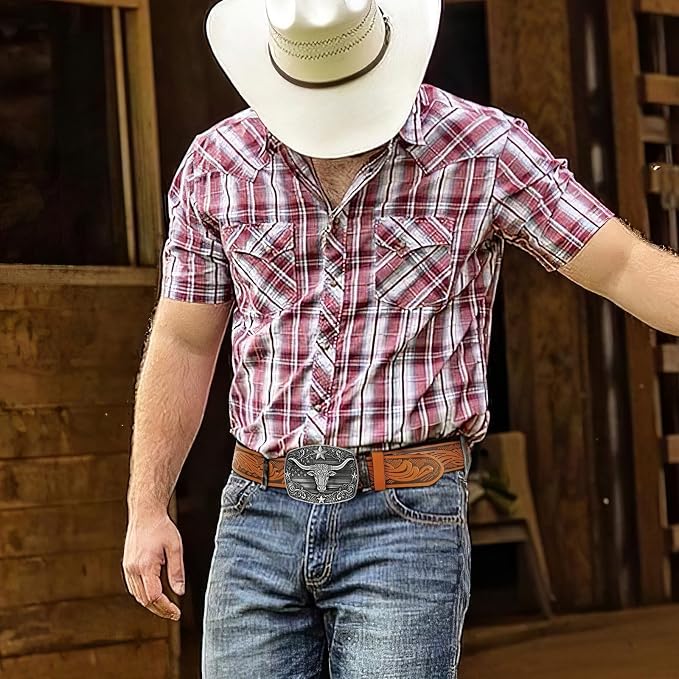 SANSTHS Western Cowboy Belts for Men Women, Mens Western Belt Bull Buckle Country Belt Cowboy Leather Belt for Jeans