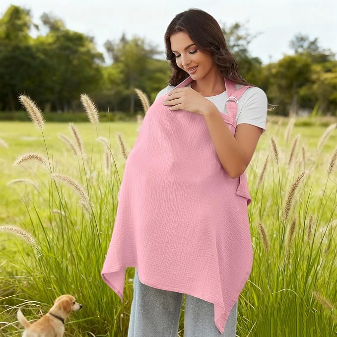 Muslin Nursing Cover for Baby Breastfeeding, Breathable 100% Cotton Breastfeeding Cover with Rigid Hoop for Mother Nursing Apron (Bold Blush)