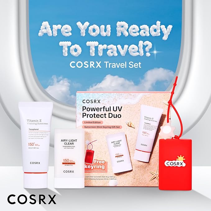 COSRX Vitamin E Sunscreen & Airy Light Clear Sunscreen Stick with Free Keyring, Amazon Exclusive, Korean Sunscreen, Beach Essentials, Travel Essentials, Korean Skincare Set Mothers Day Gifts for Woman
