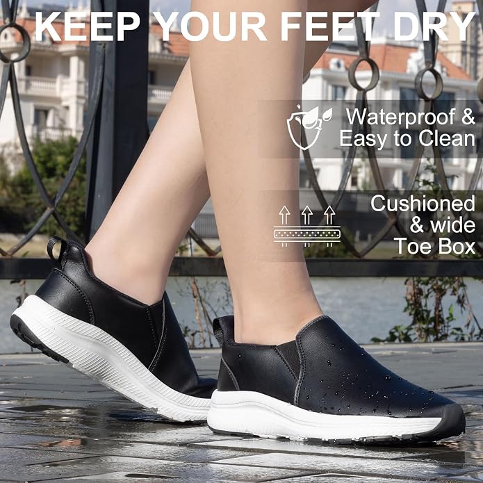 ZOVE Wide Toe Box Shoes Women Wide Width Waterproof Leather Hands Free Nursing Sneakers Ultra Light Extra Wide Walking Sneakers Non-Slip Chef Diabetes Nurse Work Shoes