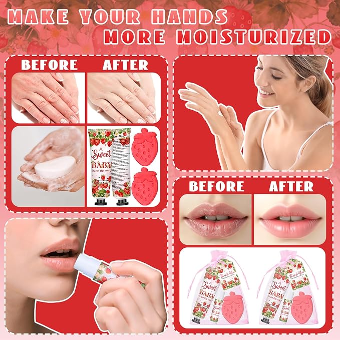 Loopeer 30 Set/150 Pcs Strawberry Baby Shower Favors for Guests Gifts Hand Cream Lip Balm Soap Party Favors Travel Size with Bags, Thanks You Card for Games Prizes Souvenirs