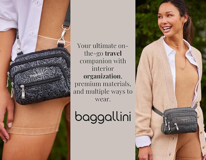 Baggallini Triple Zip Small Crossbody Bag for Women - Lightweight Convertible Fanny Pack Belt Bag