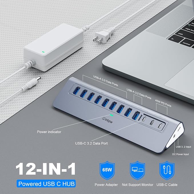 Powered USB Hub 10Gbps, intpw YH9AC 12-Port USB Splitter with USB A/USB C 3.2, 7 USB 3.0, 2 PD 45W Charging Ports, 65W Power Adapter + 3.3FT Cable, Aluminum USB Extender Hub for Laptop/PC/iPhone 16/15
