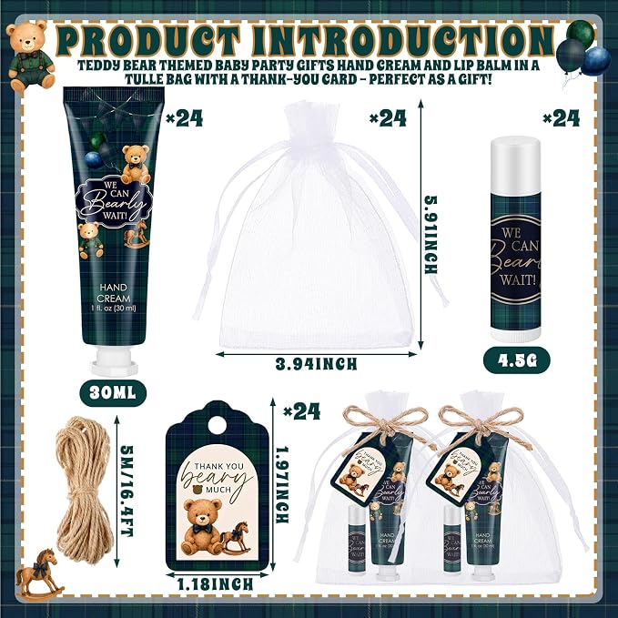 Lounsweer 24 Sets Green Blue Tartan Plaid Bear Baby Boy Gift Set Travel Size Hand Cream & Lip Balm, Baby Shower Party Favors, Tartan Theme Party Supplies for Guests