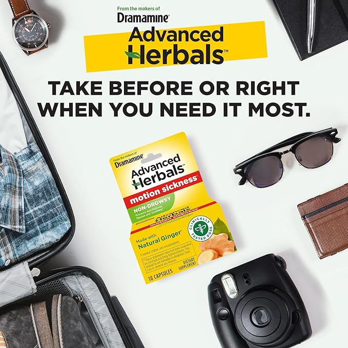 From the Makers of Dramamine, Advanced Herbals with Natural Ginger, for Nausea Relief, Morning Sickness Relief & Motion Sickness Relief During Travel, 18 Capsules