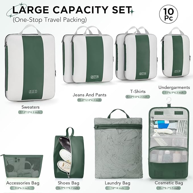 10 Set Compression Packing Cubes for Travel Essentials,Compressible Expandable Packing Cubes for Suitcase,OlarHike Luggage Garment Bags for Travel,Handy Helper for Organizing Clothes(Dark Green)
