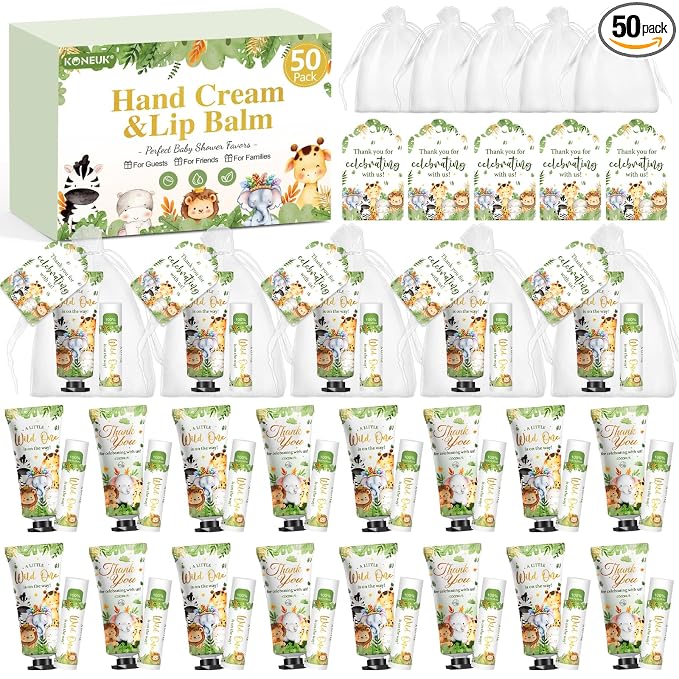 50 Pack Bulk Hand Cream and Bulk Lip Balm Gifts Sets, Baby Shower Favors and Bridal Shower Favors for Guests with Thank You Card and Organza Gift Bags, Birthday Gifts, Appreciation Gifts (Animal)