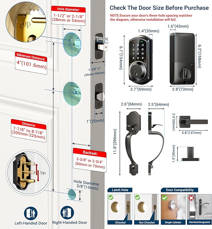 Veise VE06-H Smart Front Door Lock Set, App Control, Keyless Entry Deadbolt with Lever Handle, Electronic Digital Touchscreen Keypad, Auto Lock, Easy Install, Matte Black
