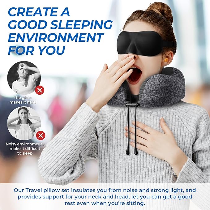 ExploreBliss Travel Pillow, 2 Pack Travel Pillows for Sleeping Airplane, Neck Pillow Airplane, Memory Foam Neck Pillow Set with Eye Mask, Earplugs and Storage Bag -Grey & Blue