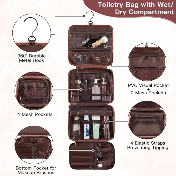 Personalized Hanging Toiletry Bag Travel Gifts for Men Him, 3-in-1 Large Laser-Engraved Initial Waterproof PU Leather Shaving Bag Valentines Birthday Gift for Men Dad Husband Reddish Brown F