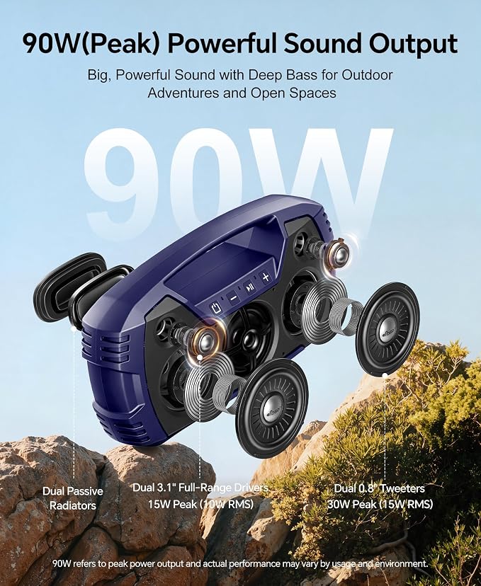 IPX7 Waterproof Outdoor Bluetooth Speaker, Wireless, 90W(Peak), 32H Playtime, Floating Design, Deep Bass & Loud Stereo Sound, Portable with Handle, Rugged for Pool, Beach, Kayaking, Hiking, Navy Blue