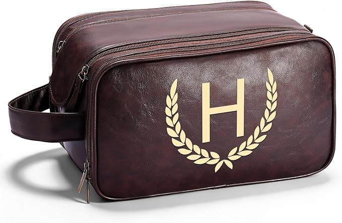 OXYEFEI Personalized Gifts for Men, Personalized Large Toiletry Bag for Men,Custom PU Leather Waterproof Mens Toiletry Travel with Initial Essential Dopp Kit Shaving Bag (H, Tea Brown)