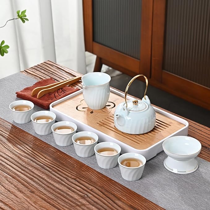 Chinese tea set, Kung fu tea set with 6 cups, Handle lifting Gongfu teaset, Home Office Outdoor Hotel (TilangB 6cups)