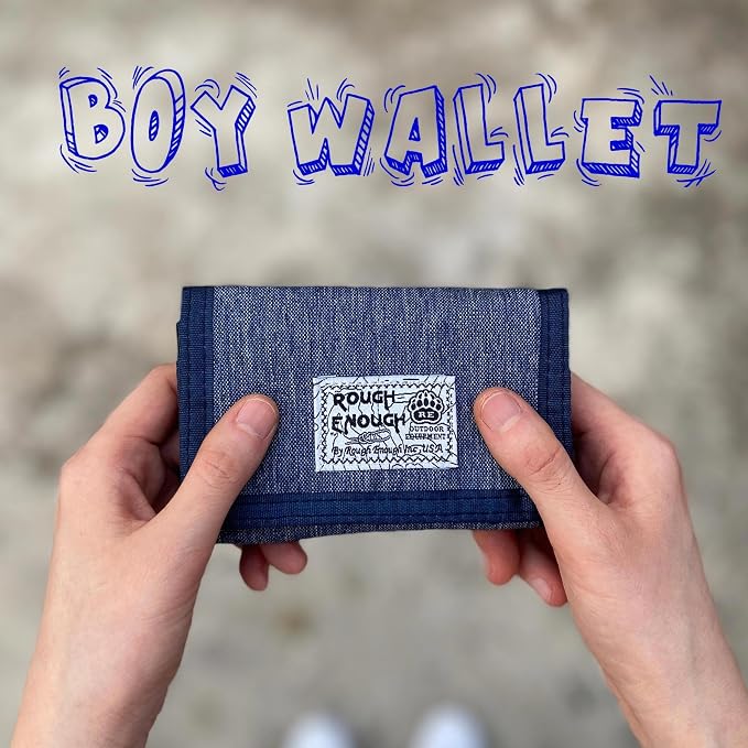Rough Enough Kids Wallet for Boys with RFID Blocking Denim Canvas Blue | Includes lanyard keychain carabiner. For camping travel and outdoor use. Smooth YKK zippers. Holds cards cash ID. 5x3.4 inch