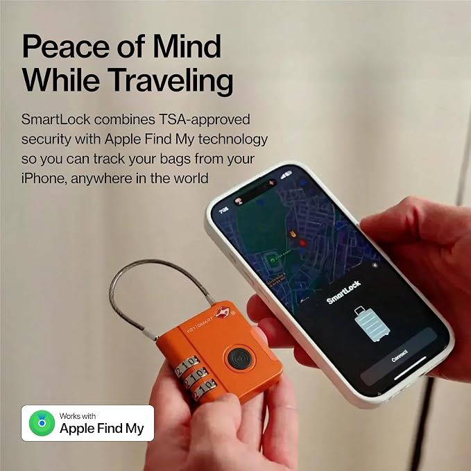 KeySmart SmartLock Tracking Luggage Locks, TSA Locks for Luggage, Combination Lock Compatible with Apple Find My App, Best Travel Essentials, Replaceable Non-Rechargeable Battery (Orange 5 Pack)