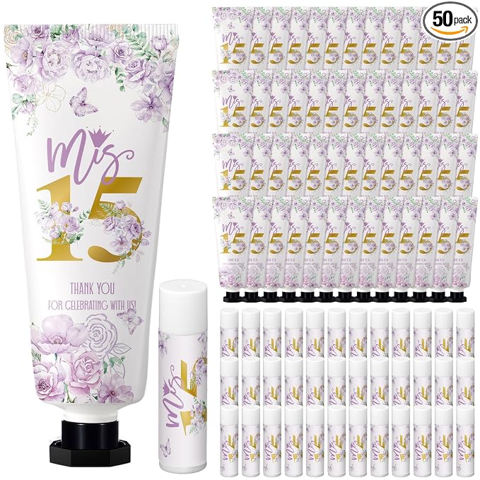 Leelosp 100 Pcs/50 Sets Purple Quinceanera Party Favor Gifts for Guests 15th Thank You Gifts Girl Hand Cream and Lip Balm Sweet 15th Birthday Party Favors for Guests