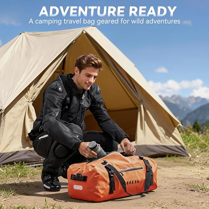 HEETA Waterproof Motorcycle Dry Bag, Waterproof Duffel Luggage Travel Bags with Zippered Closure & Pocket, Shoulder Straps, Large Space for Motorcycling Camping Commuting Boating (Orange, 30L)