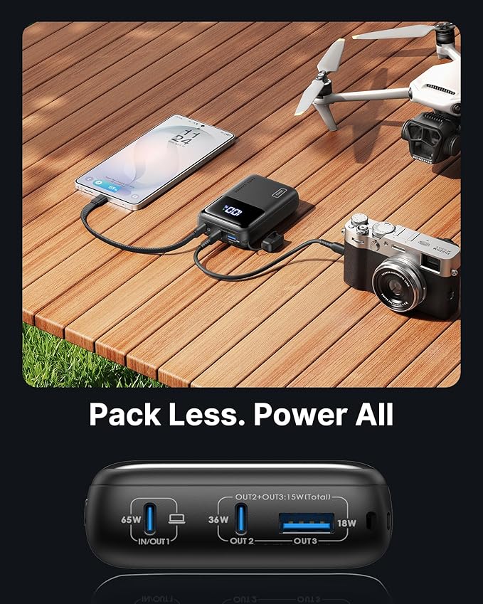 INIU 20000mAh Laptop Power Bank, Ultra Compact 65W PD Dual Fast Charging Portable Charger, Flight-Safe Battery Pack with USB C Cable for Travel, Camping, LongTrip, Businiess, Metallic Coffee