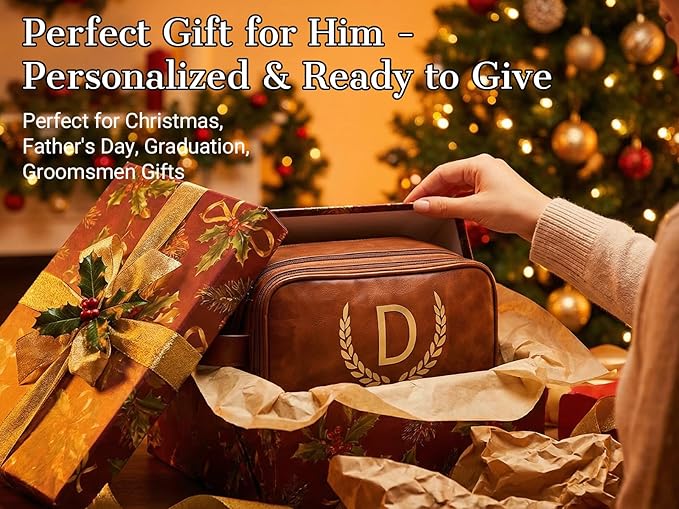 OXYEFEI Personalized Gifts for Men, Personalized Large Toiletry Bag for Men,Custom PU Leather Waterproof Mens Toiletry Travel with Initial Essential Dopp Kit Shaving Bag (K, Light Brown)