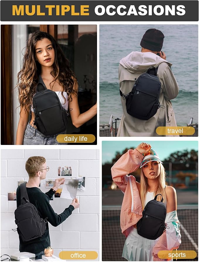SEAFEW Medium Black Black Sling Bag for Men and Women - Sport Crossbody Backpack for Pickleball, Tennis, Racketball