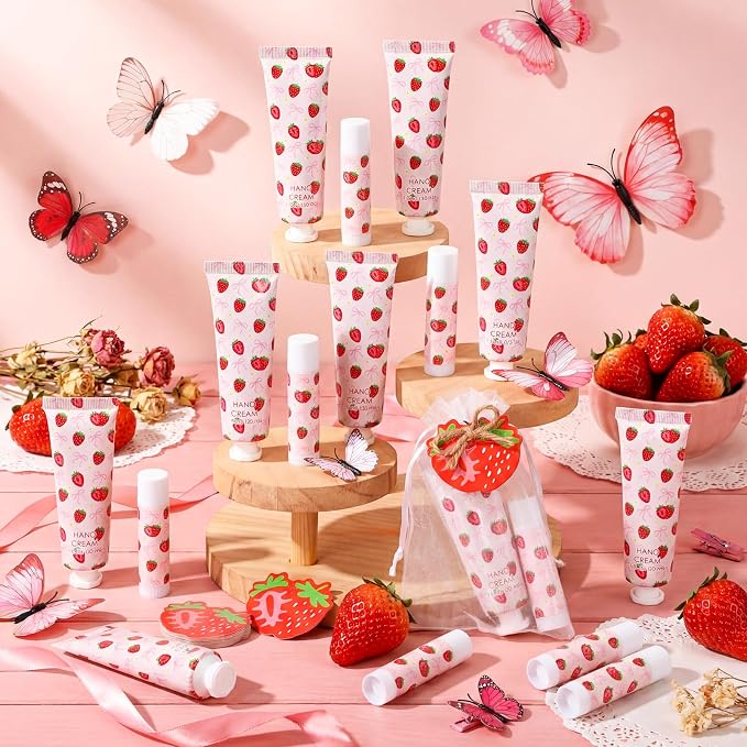 Lounsweer 24 Sets Pink Bow Strawberry Birthday Hand Cream and Lip Balm Gift Strawberry Bows Baby Shower Party Favor for Guest Travel Size Hand Lotion and Lip Balm Bridal Shower Birthday Party Supplies