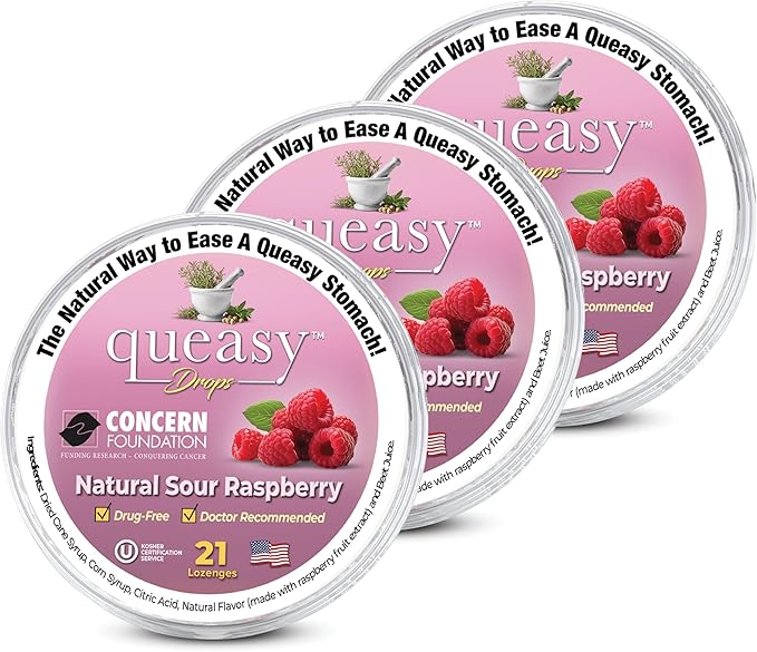 Three Lollies Queasy Drops - Sour Raspberry Flavor - Travel Sickness & Nausea Relief, Soothes Stomach & Dry Mouth, Natural Ingredients - 21ct (3-Pack)