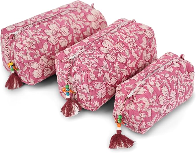 Saffron Marigold Quilted Makeup Bag Set of 3, Hand Block Printed Cotton Cosmetic Bags for Women, Waterproof Lined Travel Toiletry Bag, Coquette Floral Aesthetic, Handmade Gift, Mauve Mist Oleander