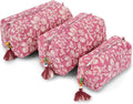 Saffron Marigold Quilted Makeup Bag Set of 3, Hand Block Printed Cotton Cosmetic Bags for Women, Waterproof Lined Travel Toiletry Bag, Coquette Floral Aesthetic, Handmade Gift, Mauve Mist Oleander