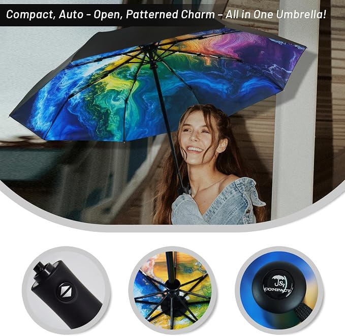 SY COMPACT Travel Umbrella - Windproof Automatic Compact Umbrella for Rain, Lightest 8-Rib, Small, Strong & Portable, Durable Grip, Fits Backpack & Car, Factory Direct (UV Available)