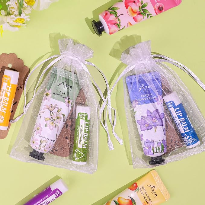 AZEN 16 Sets Bulk Gifts, Hand Cream and Lip Balm Bulk Set with Organza Bag Thank You Card, Baby Shower Wedding Gift for Guests, Bridal Wedding Favors for Guests, Mothers Day Gifts Stocking Stuffers