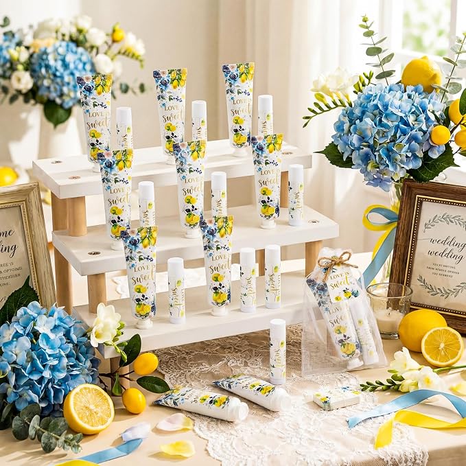 24 Sets Blue Floral Lemon Hand Cream and Lip Balm Gift, Love Is Sweet Bridal Shower Favors for Guest Travel Size Hand Lotion and Lip Balm Bulk Lemon Bridal Shower Birthday Party Supplies