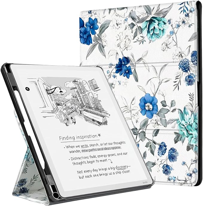 CoBak Case for 11" Kindle Scribe 3rd Generation 2025, Kindle Scribe Colorsoft with Two Viewing Angles - All New PU Leather Cover with Auto Sleep Wake, Pen Holder. Blue Blossom