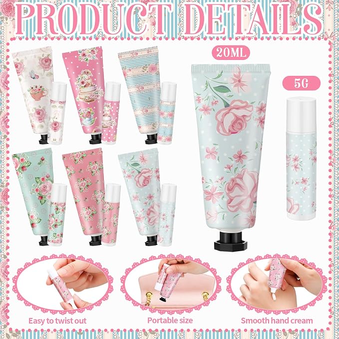 24 Sets Tea Party Favors Mini Hand Cream Lip Balm Bulk Gift Set for Women Wedding Party Favors for Guests Travel Size Hand Lotion Vintage Floral Moisturizing Lip Balm Gifts for Baby Shower