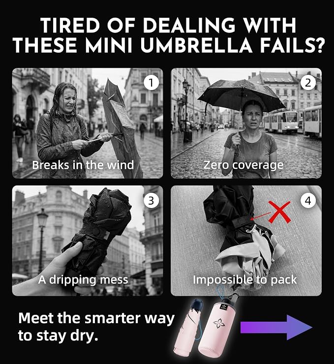 Travel Mini Umbrella Compact Small & Lightweight, UV Rain Protection, Pocket-Sized Folding Umbrellas with Quickdraw & Case for Men Women & Kids Backpack