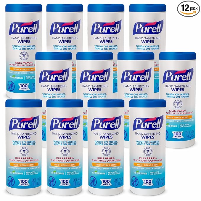 Purell Hand Sanitizing Wipes Non-Alcohol Formula, Fresh Citrus Scent, 100 Count Non-Linting Hand Wipes in Eco-Slim Wipe Canister (Pack of 12) -9111-12