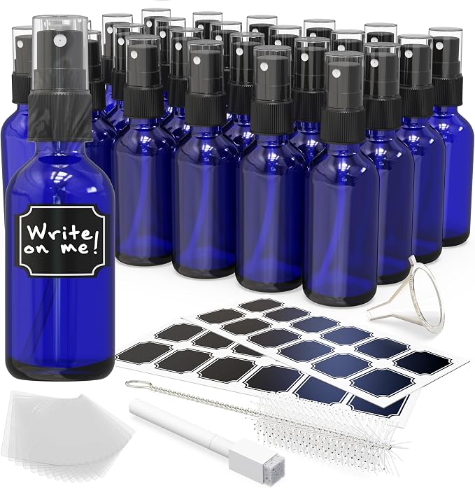 Nevlers Cobalt Blue Small Spray Bottle 2 Oz 24 Pack Travel Spritzer Bottles | Fine Mist Sprayer Set w/ Shrink Wrap, Funnel, Brush, Marker & Labels | Fine Mister Spray Bottle for Perfume , Oil & More