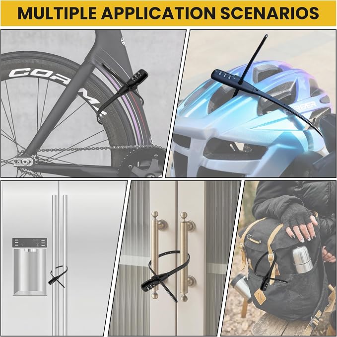 Zip Tie Lock, Adjustable Cable Lock with Combination - Lightweight Quick Combo Locking Security for Bicycle Racks, Kids Bikes, Motorcycle Helmets, Strollers, Skis, Sheds, Cabinets (4 Pack)