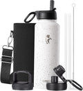 Coolflask Water Bottle 40 oz Insulated with Straw, Stainless Steel Metal 3 Lids Water Flask for Sports or Office, Keep Cold 48H Hot 24H, Arctic White