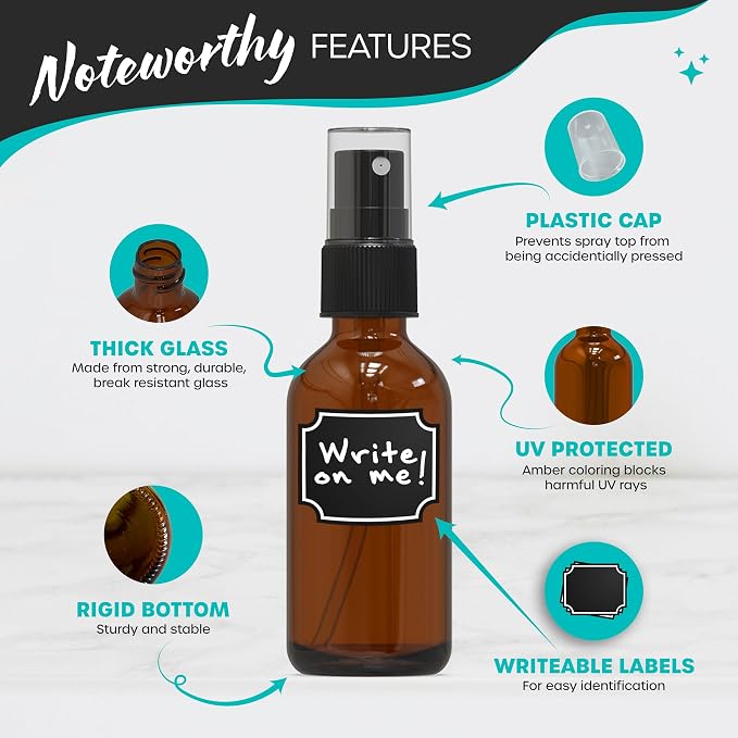 Nevlers 2 Oz Amber Glass Spray Bottles for Essential Oils 24 PK Oil Mister | Amber Glass Bottle Set w/ Shrink Wrap, Funnel, Labels & More | Fine Mist Spray Bottles for Face Mist Bottle & Hair Mister
