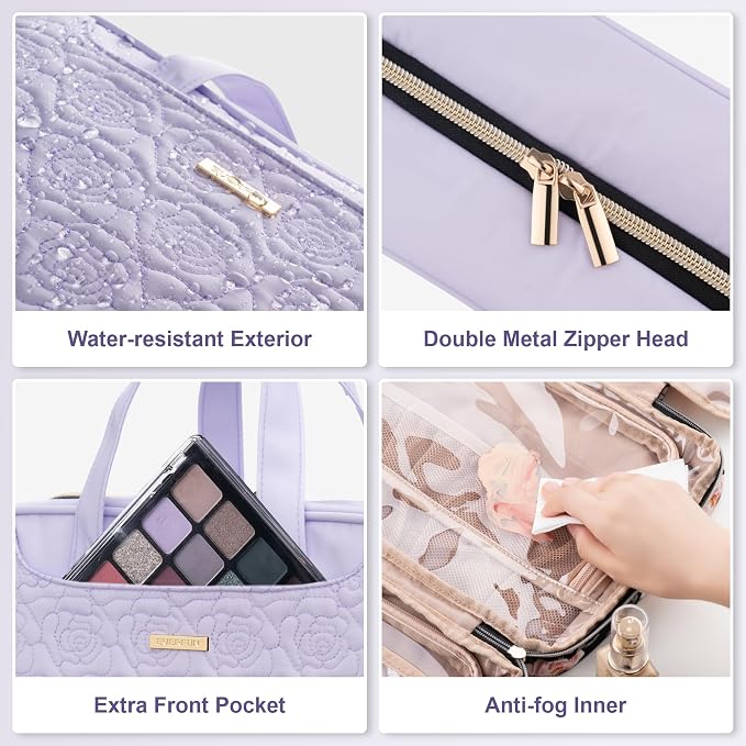 Everfun Travel Toiletry Bag with Hanging Hook and Leakproof Wet/Dry Compartments, Large Capacity Makeup Cosmetic Organizer for Women, 12x9x4.5 Inch, Light Purple