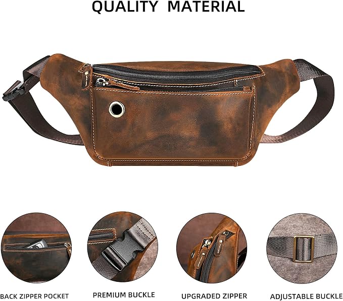Water Resistant Canvas + Leather Hiking Riding Travel Fanny Waist Pack Small Phone Pouch For Men Women FB811-29 (W-8138-Brown)