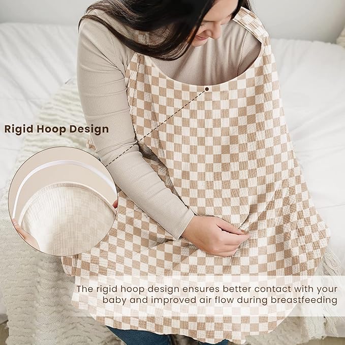 Konssy Muslin Nursing Cover for Baby Breastfeeding, Breathable 100% Cotton Breastfeeding Cover with Rigid Hoop for Mother Nursing Apron, Multi-use Carseat Canopy (Coffee Check)