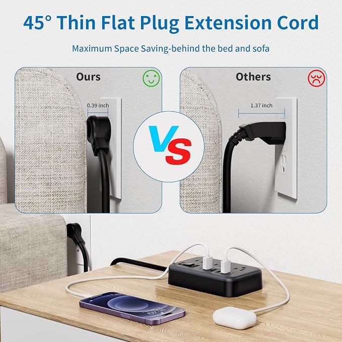 NTONPOWER 6 Widely Spaced Outlet(2 Side) Power Strip with 4 USB Ports, Extension Cord 15 Ft