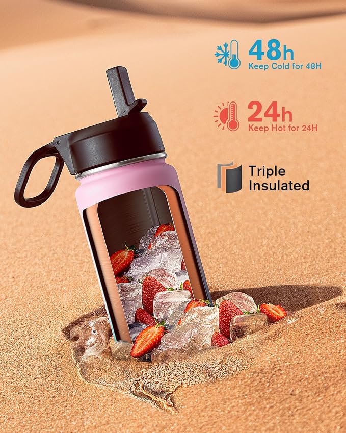 Coolflask Water Bottle 20 oz Insulated with Straw, Stainless Steel Metal 3 Lids Water Flask Wide Mouth for Sports or Office, Non-BPA Keep Cold Up to 48 Hrs or Hot Up to 24 Hrs, Bubblegum Princess
