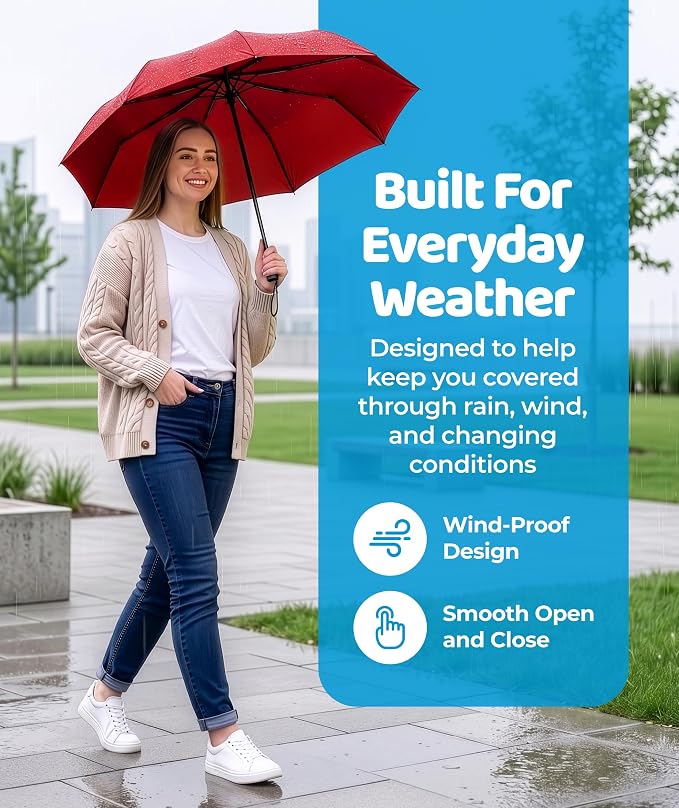 Rain-Mate Windproof Compact Umbrellas for Rain - Strong Reinforced Fiberglass Rib Design & Auto Open & Close - Portable Folding Travel Umbrella - Lightweight & Packable for Women & Men, Easy Collapse