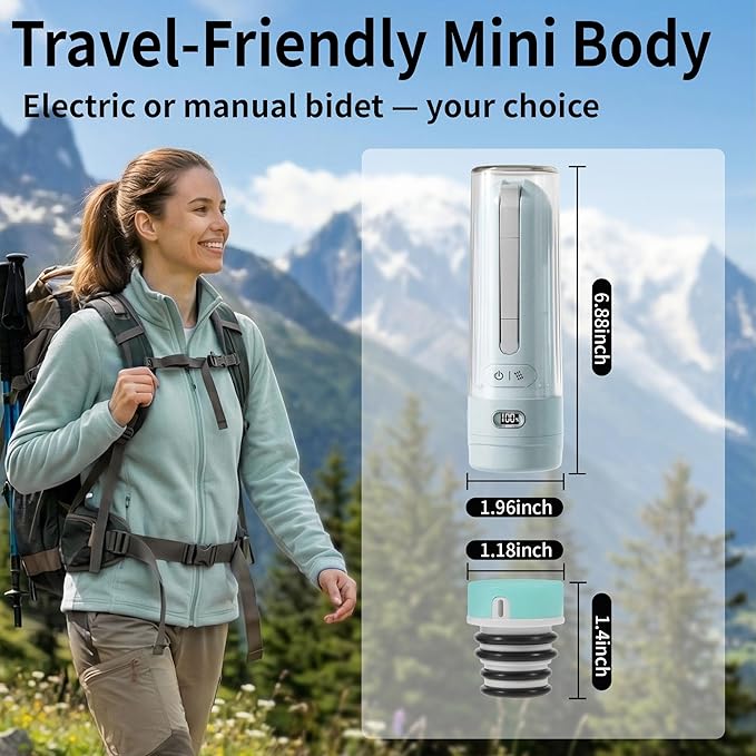 Electric Portable Bidet, Travel Toilet Hygiene Sanitation,3 Modes Foldable Peri Bottle with 2 Nozzles, High-Pressure Handheld Sprayer for Camping, Hiking, Cycling (Mint Green)