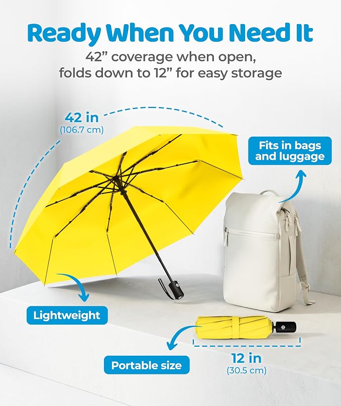 Rain-Mate Windproof Compact Umbrellas for Rain - Strong Reinforced Fiberglass Rib Design & Auto Open & Close - Portable Folding Travel Umbrella - Lightweight & Packable for Women & Men, Easy Collapse