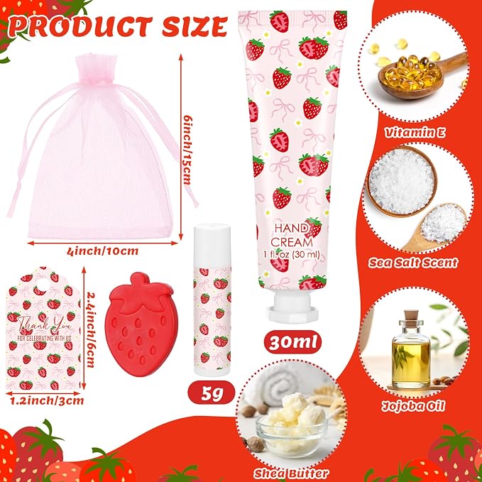 Loopeer 30 Set/150 Pcs Strawberry with Bow Baby Shower Favors for Guests Gifts Hand Cream Lip Balm Soap Party Favors Travel Size with Bags, Thanks You Card for Games Prizes Souvenirs